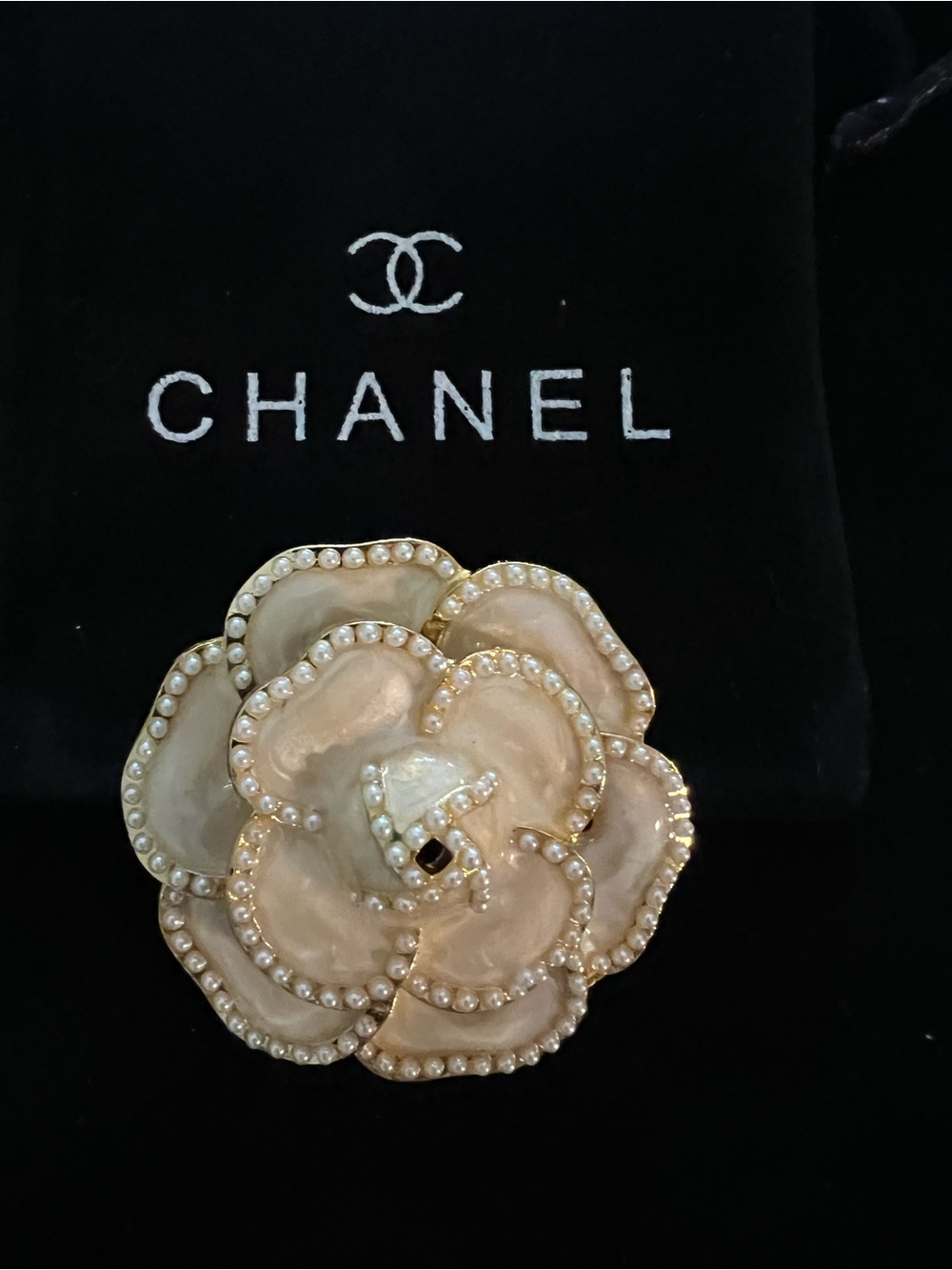 CHANEL Cream Pearl-Trim Camellia Brooch